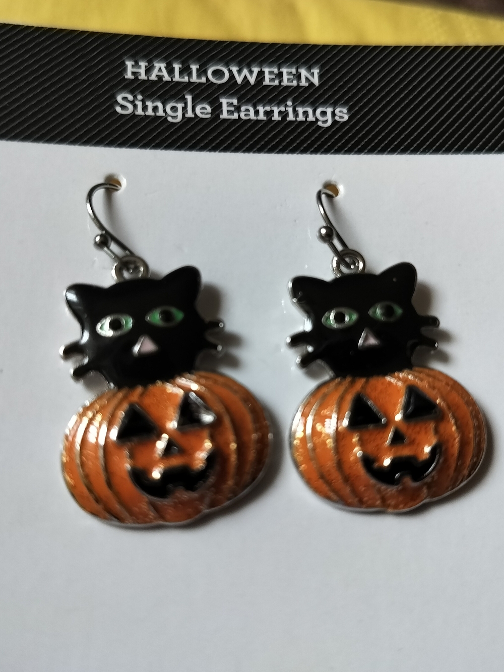 Halloween Cat & Pumpkin Dangle Earrings - Black and Orange Hypo-allergenic